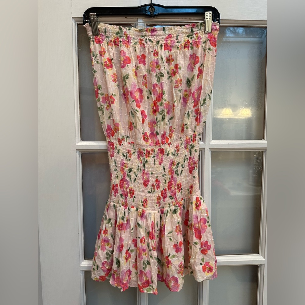 Rays for Days Cream Smocked Strapless Mini Dress Floral Coastal Beach Size XS